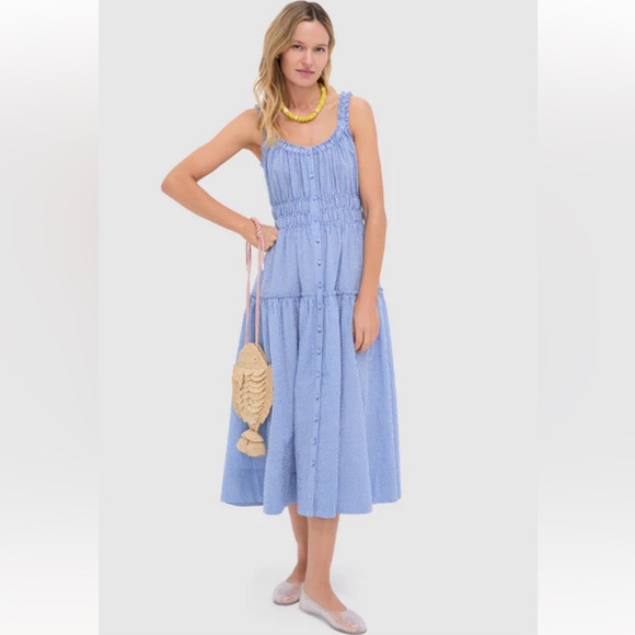 Blue and White Gingham Seersucker Landis Midi Dress - Picture 1 of 5
